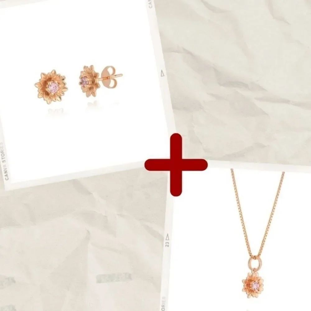 EARRING KIT AND NECKLACE LOTUS FLOWER ZIRCONIA + ROSE GOLD PLATED NEW with tags